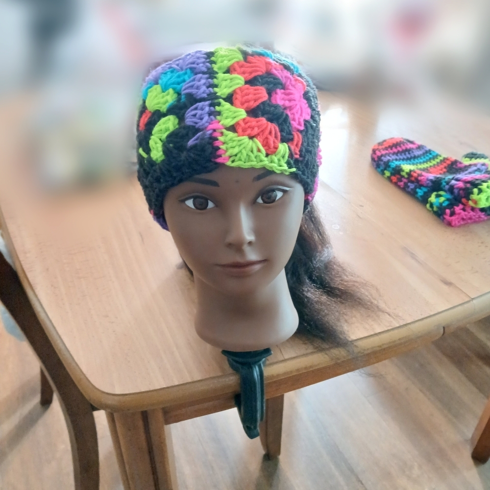 Handmade Neon Crocheted Womens Headband/Warmer & Mittens Set
